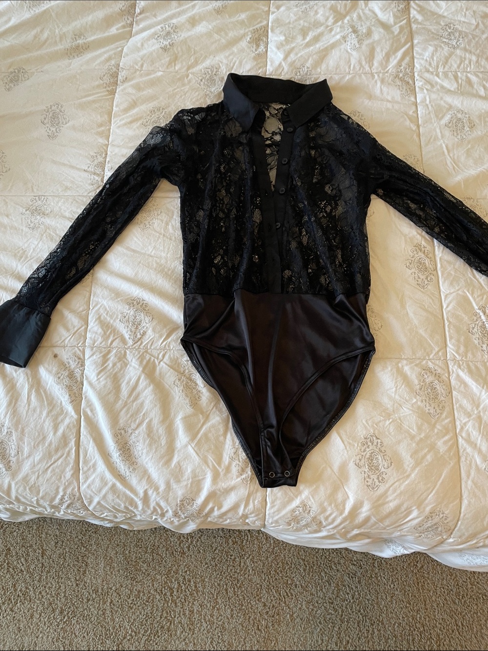 Anthropologie Black Lace Button-Front Collared Bodysuit